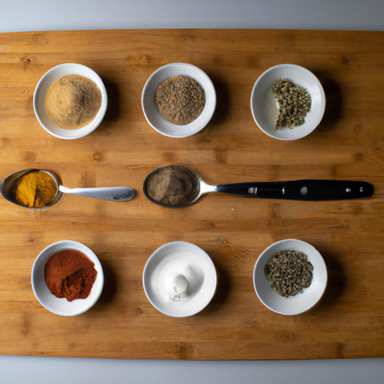 create a photo of top view of a plate on cuttng board with following INGREDIENTS on it: ¾ cup Packed Dark Brown Sugar ¾ cup White Sugar ½ cup American Paprika ¼ cup Garlic Powder 2 tablespoons Ground Black Pepper 2 tablespoons Ground Ginger Powder 2 tablespoons Onion Powder 2 teaspoons Rosemary Powder